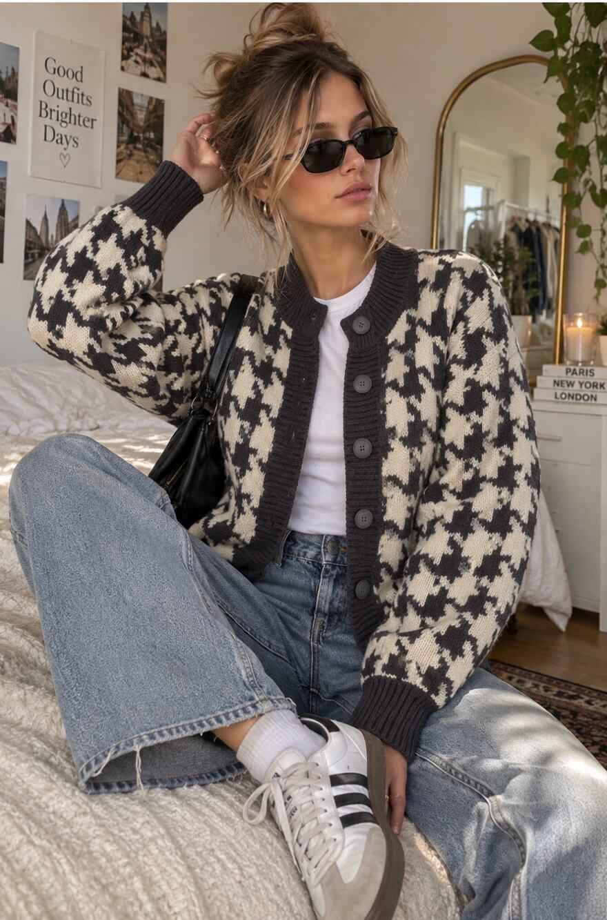 Vintage Gray & Cream Houndstooth Cardigan Sweater – Cozy Streetwear Style